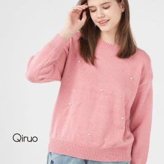 【Qiruo 奇若名品】專櫃粉色小羊毛上衣 精品時尚保暖造型花朵珍珠點綴共-(FF)