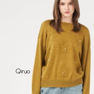 【Qiruo 奇若名品】專櫃芥末色小羊毛上衣 精品時尚保暖造型花朵珍珠點綴(FF)