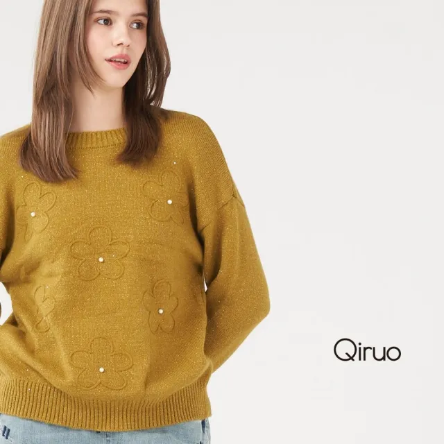 【Qiruo 奇若名品】專櫃芥末色小羊毛上衣 精品時尚保暖造型花朵珍珠點綴