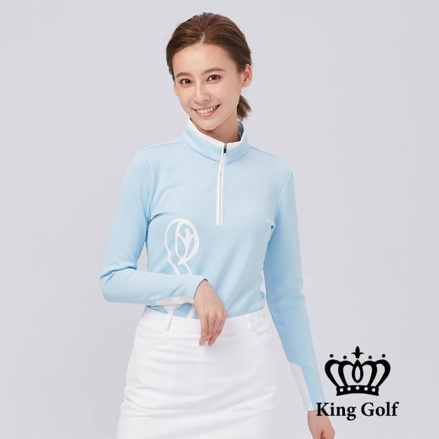 【KING GOLF】網路限定款-女款火鶴印花滾邊立領拉鍊厚款長袖POLO衫/高爾夫球衫(水藍)