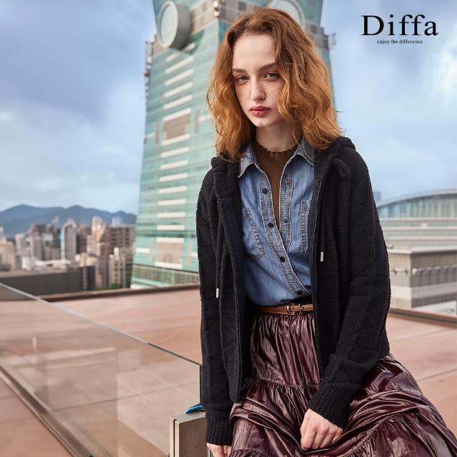 【Diffa】菱格織紋連帽設計毛衣外套-女