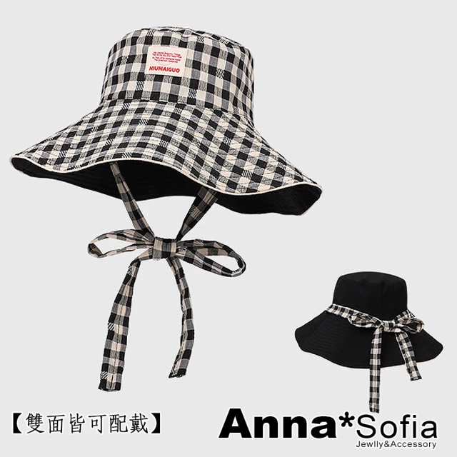 AnnaSofia 雙11 遮陽防曬漁夫帽盆帽水桶帽-雙面戴格紋綁帶超寬簷 現貨(黑米系)