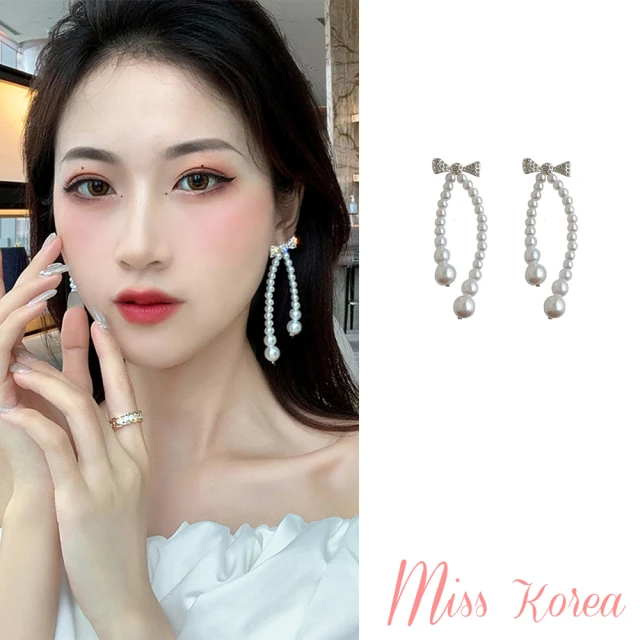 MISS KOREA 韓國設計S925銀針微鑲美鑽蝴蝶結長墜珍珠鍊造型耳環(純銀925耳環 美鑽耳環 珍珠耳環)