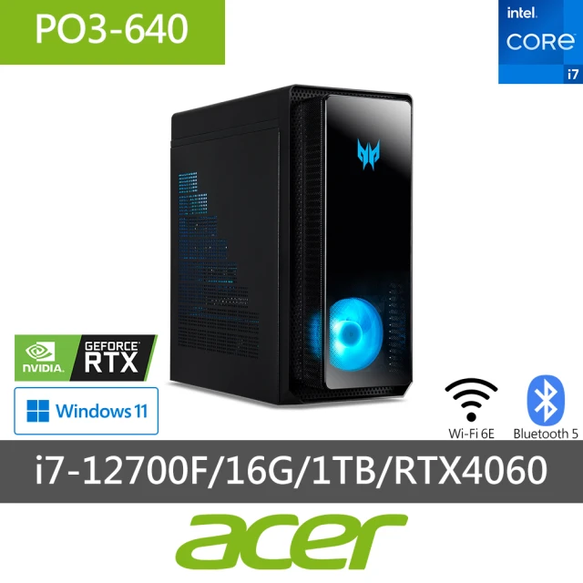 Acer 宏碁 i7 RTX4060電競電腦(PO3-640/i7-12700F/16G/1TB/RTX4060-8G/W11)