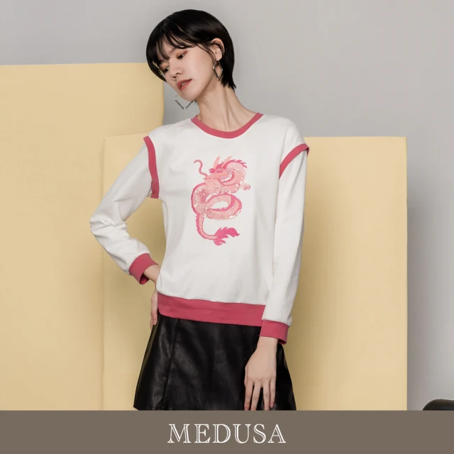 MEDUSA 曼度莎 現貨-粉色拼接亮片龍刺繡大學T（M-XL）｜女休閒上衣 長袖上衣(505-13401)