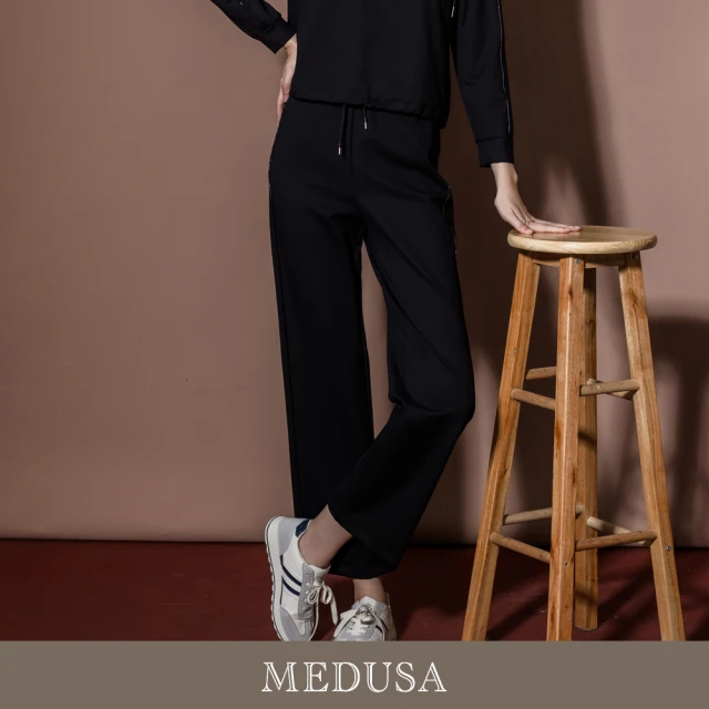 MEDUSA 曼度莎 現貨-黑色金屬感滾邊休閒運動褲（M-XL）｜女運動長褲 女運動褲(501-7060B)