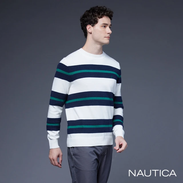 NAUTICA 男裝 純棉跳色條紋長袖針織衫(白色)