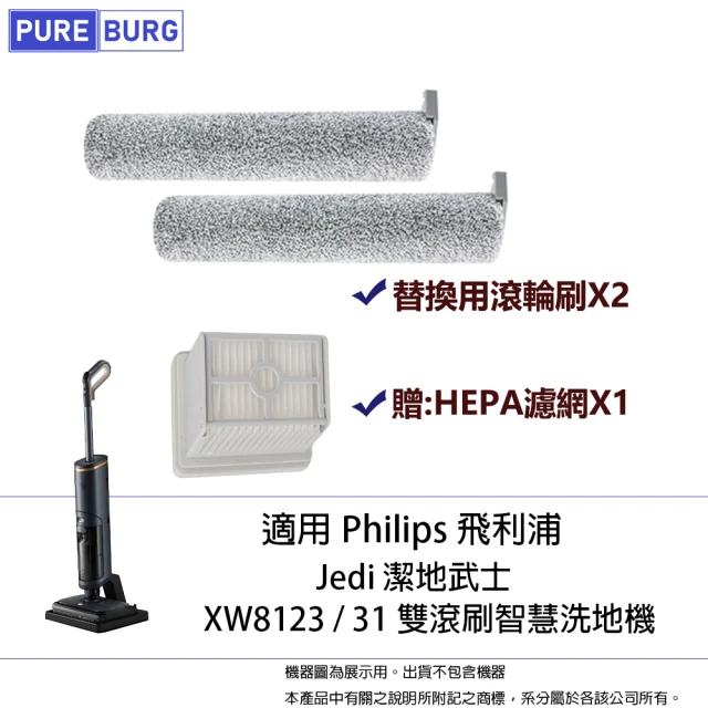 PUREBURG 適用Philips 飛利浦Jedi潔地武士 XW8123/31雙滾刷智慧洗地機拖地機 軟毛刷滾刷(贈:HEPA濾網X1)