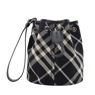 【BURBERRY 巴寶莉】新款經典格紋抽繩束口手拿包(黑色/白布色)