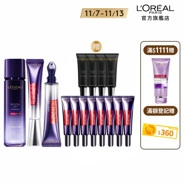 【LOREAL Paris 巴黎萊雅】玻尿酸家族全套組_眼霜級撫紋精華霜PRO版+冰熨斗版+瞬效保濕修護晶露(保濕/撫紋)