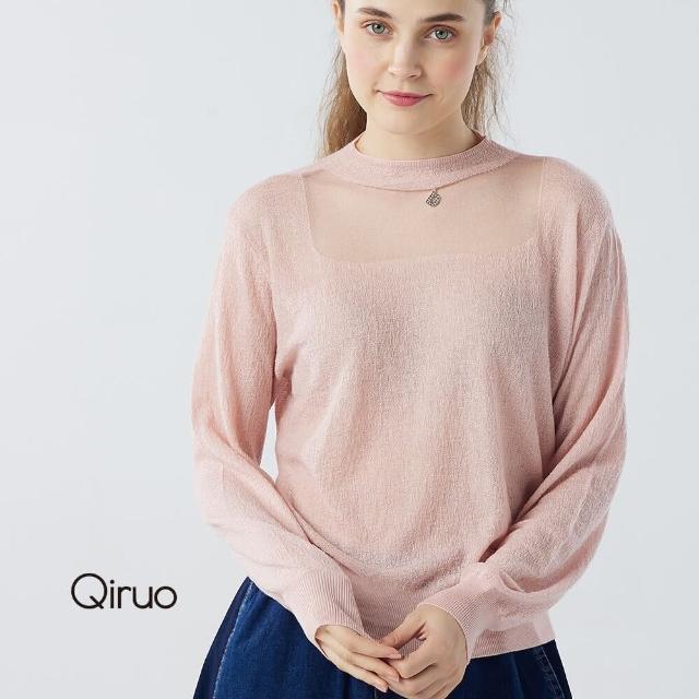 【Qiruo 奇若名品】秋冬專櫃網紗圓領長袖上衣6899A-15粉色百搭(FF)