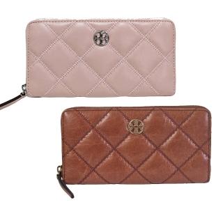 【TORY BURCH】TB willa 新款 小羊皮菱格紋皮革拉鍊式長夾(咖啡/粉紅/贈原廠紙袋母親節送禮)