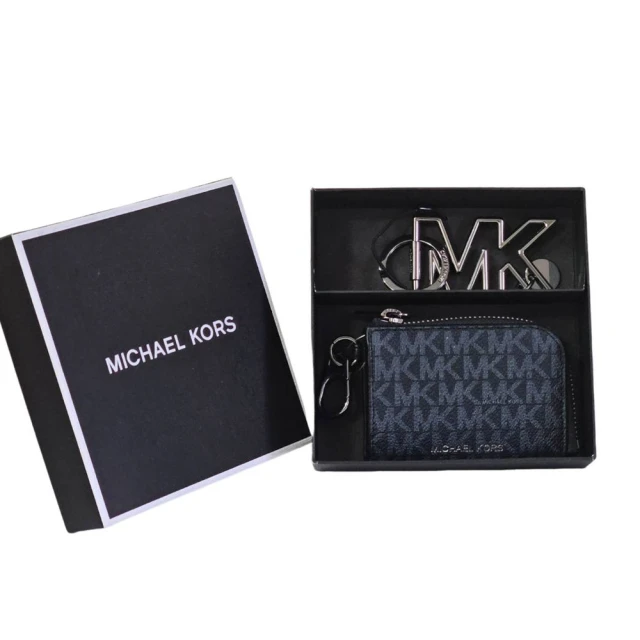 Michael Kors MK 防刮L型拉鍊零錢包Logo鑰匙圈禮盒組(深藍色/贈原廠紙袋紙盒)