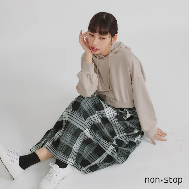 non-stop 假兩件格紋剪接連帽洋裝-2色