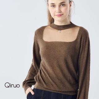【Qiruo 奇若名品】秋冬專櫃網紗圓領長袖上衣6899A-80咖啡色百搭(FF)