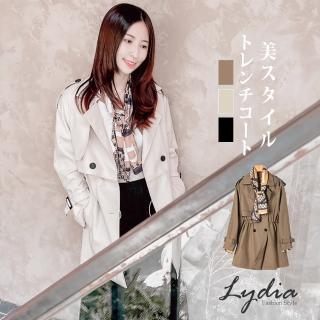 【Lydia】現貨 部落客推薦款 風衣外套 秋冬外套 雙排釦外套 修身外套 附絲巾(杏/咖/黑)