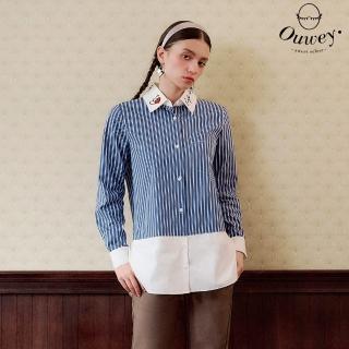 【OUWEY 歐薇】美式條紋拼接長版襯衫(藍；S-L；3243161517)
