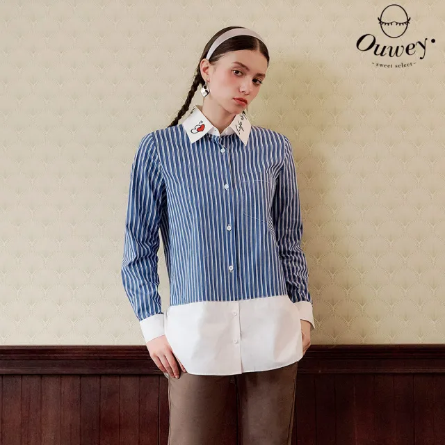 【OUWEY 歐薇】美式條紋拼接長版襯衫(藍;S-L;3243161517)