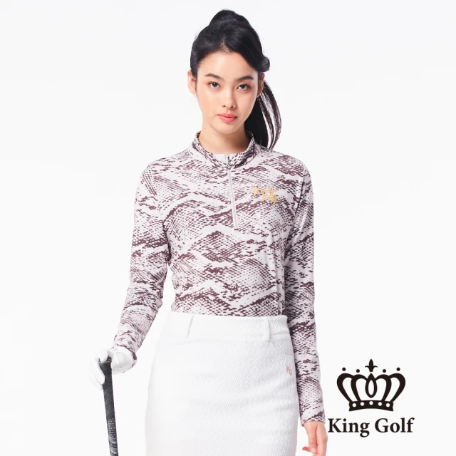 KING GOLF 網路限定款-女款滿版印花貼鑽涼感小立領拉鍊長袖POLO衫(蛇紋)