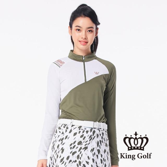 【KING GOLF】網路限定款-女款不規則下擺異色拼接立領拉鍊長袖POLO衫(綠色)