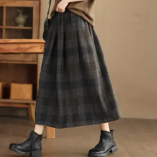 【ACheter】復古重工色織格紋半身裙保暖羊毛感長裙#123779(藍/紫)