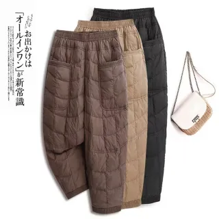 【ACheter】鬆緊高腰純色螺紋拼接夾棉保暖休閒寬鬆型長褲#123658(黑/卡其/咖)