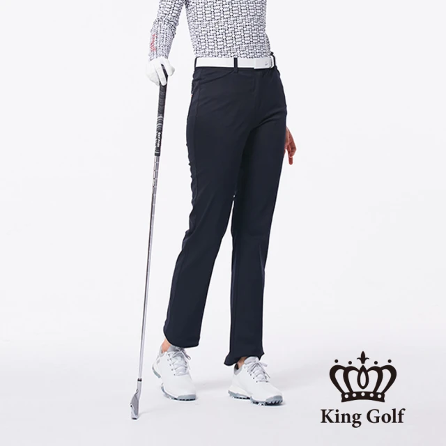 KING GOLF 網路限定款-女款中厚素面彈性布皇冠刺繡長褲(黑色)