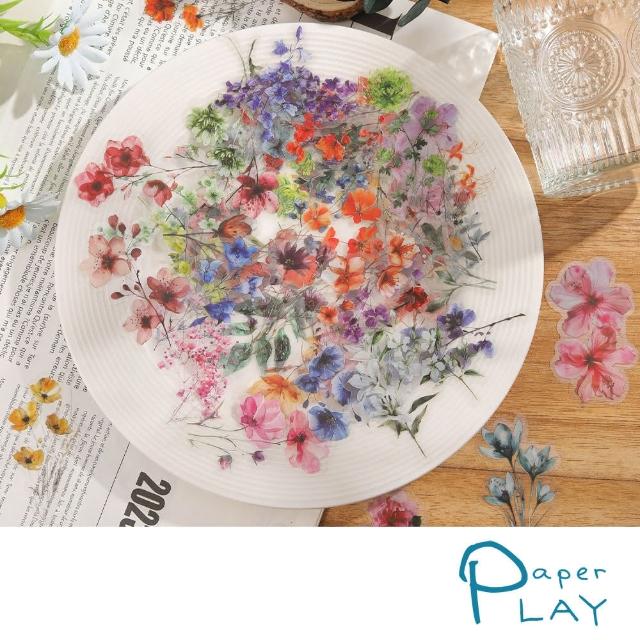 【Paper Play】INS風水墨花卉透明貼紙素材 DIY咕卡手帳貼紙 PET貼紙 50張入(花卉貼紙 咕卡貼紙 手帳貼紙)