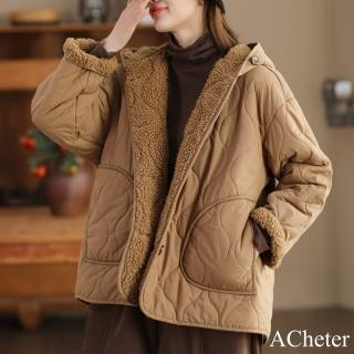 【ACheter】內裡羊羔絨保暖外套時尚連帽加厚棉服全棉長袖棉襖#123782(黑/卡其)