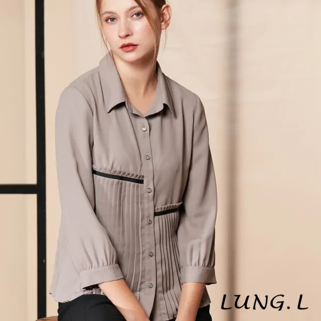 【LUNG.L 林佳樺】LR28A卡其色造型壓褶七分袖女裝襯衫(秋冬新品)