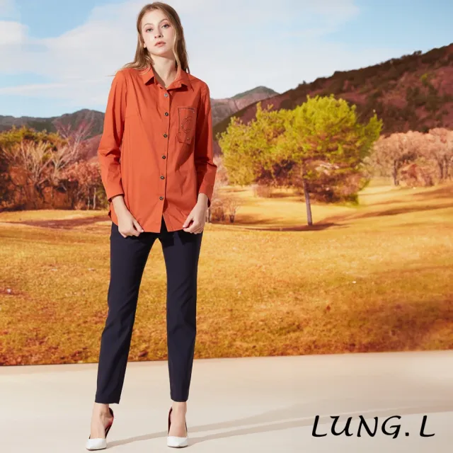 【LUNG.L 林佳樺】LQ33A橘色造型口袋長版長袖女裝襯衫(秋冬新品 加大尺碼)