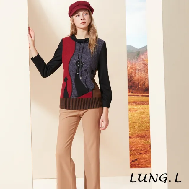 【LUNG.L 林佳樺】LQ47A黑色貓咪圖案小圓領長版長袖女裝上衣(秋冬新品 加大尺碼)
