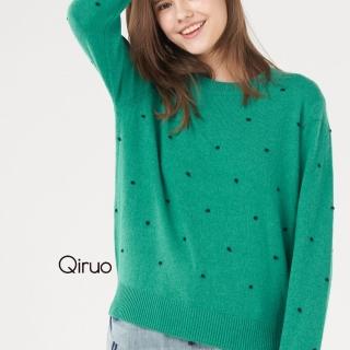 【Qiruo 奇若名品】專櫃綠色小羊毛上衣 精品時尚保暖舒適圓領圓點造型-單(FF)