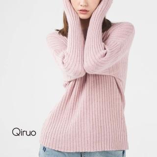 【Qiruo 奇若名品】專櫃粉紅色小羊毛上衣 精品時尚保暖素面立領造型長袖-(FF)