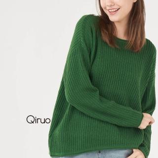 【Qiruo 奇若名品】專櫃綠色小羊毛上衣 精品時尚保暖下擺斜式造型-共三色(FF)