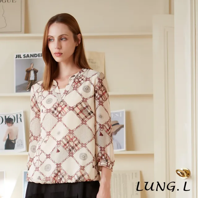 【LUNG.L 林佳樺】LR09A卡其色鎖鏈格紋印花假二件七分袖女裝上衣(秋冬新品)
