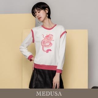 【MEDUSA 曼度莎】現貨-粉色拼接亮片龍刺繡大學T（M-XL）｜女休閒上衣 長袖上衣(505-13401)