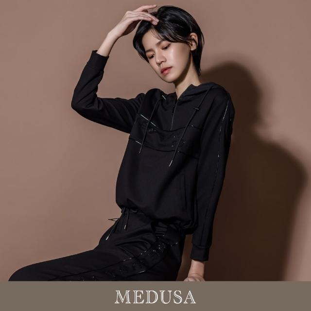 【MEDUSA 曼度莎】現貨-黑色金屬感滾邊連帽運動上衣（M-XL）｜女帽T 女休閒上衣(501-7060A)