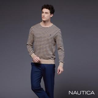 【NAUTICA】男裝 恆溫透氣條紋長袖針織衫(卡其色)