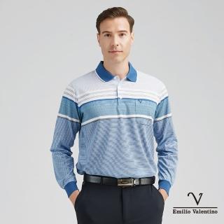 【Emilio Valentino 範倫鐵諾】男 長袖POLO衫 棉質舒適透氣 胸袋 polo衫 薄款 上衣 水藍/白(99-4V8052)