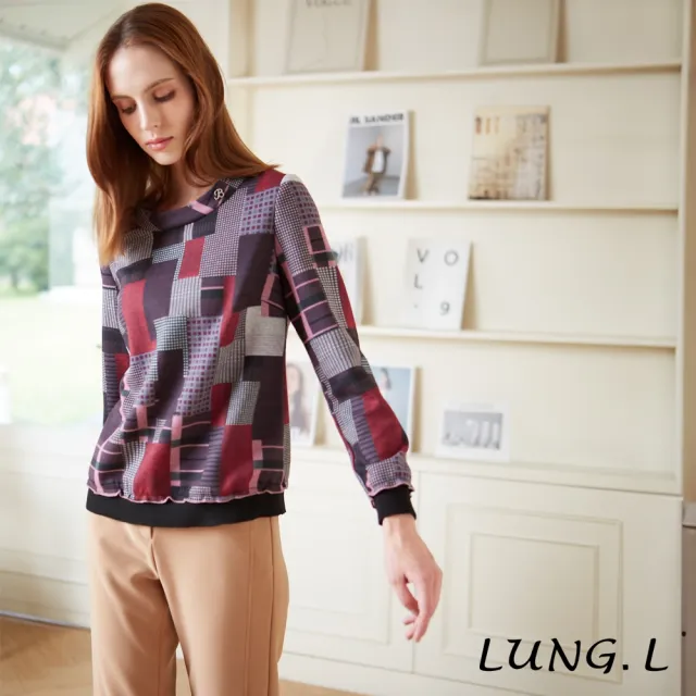 【LUNG.L 林佳樺】LQ43A紫色大小格紋圖案長袖女裝上衣(秋冬新品 加大尺碼)