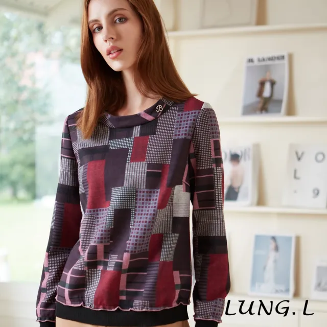 【LUNG.L 林佳樺】LQ43A紫色大小格紋圖案長袖女裝上衣(秋冬新品 加大尺碼)