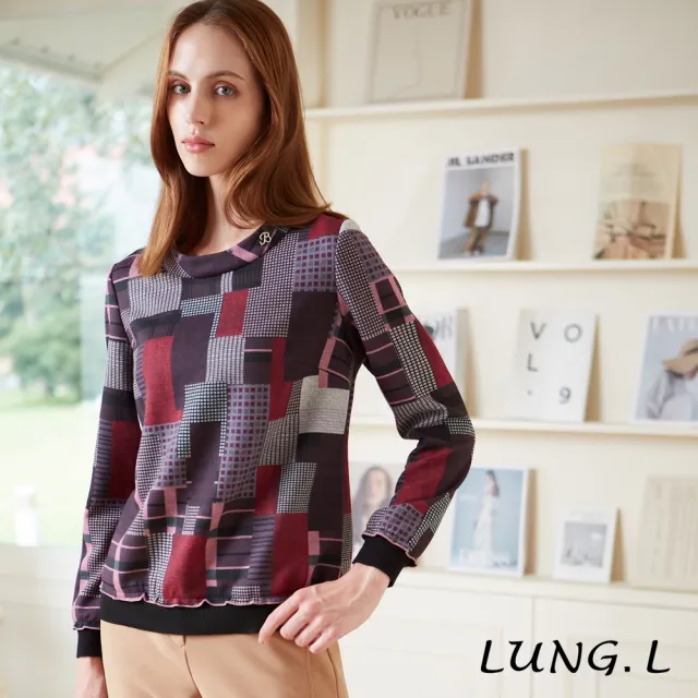 【LUNG.L 林佳樺】LQ43A紫色大小格紋圖案長袖女裝上衣(秋冬新品 加大尺碼)