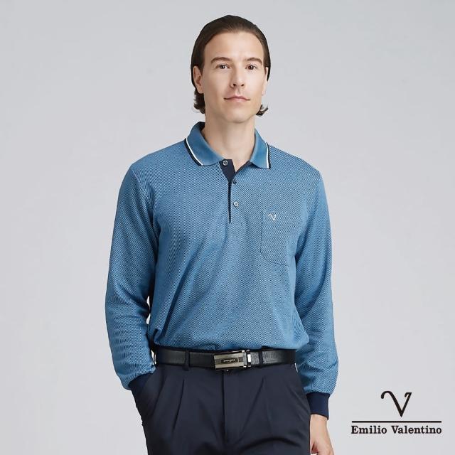 【Emilio Valentino 范倫鐵諾】男 長袖POLO衫 保暖 刷磨毛 胸袋 POLO衫 上衣 寶藍/深藍(66-4V8168)