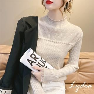 【Lydia】現貨 針織上衣 長袖上衣 韓版高質感珍珠蕾絲拼接針織衫(白/杏/紅/黑 Free)