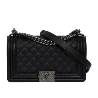【CHANEL 香奈兒】荔枝牛皮菱格紋銀釦 Boy Chanel 25cm(黑色)