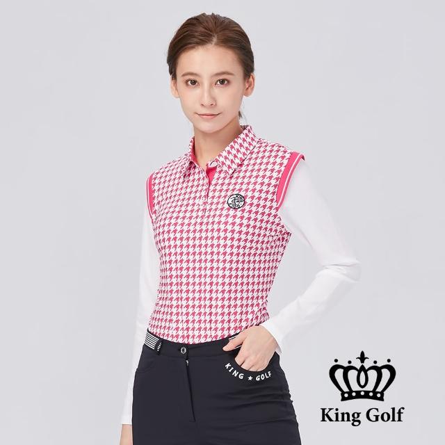 【KING GOLF】網路限定款-女款千鳥紋印圖火鶴刺繡假2件薄長長袖POLO衫(粉色)