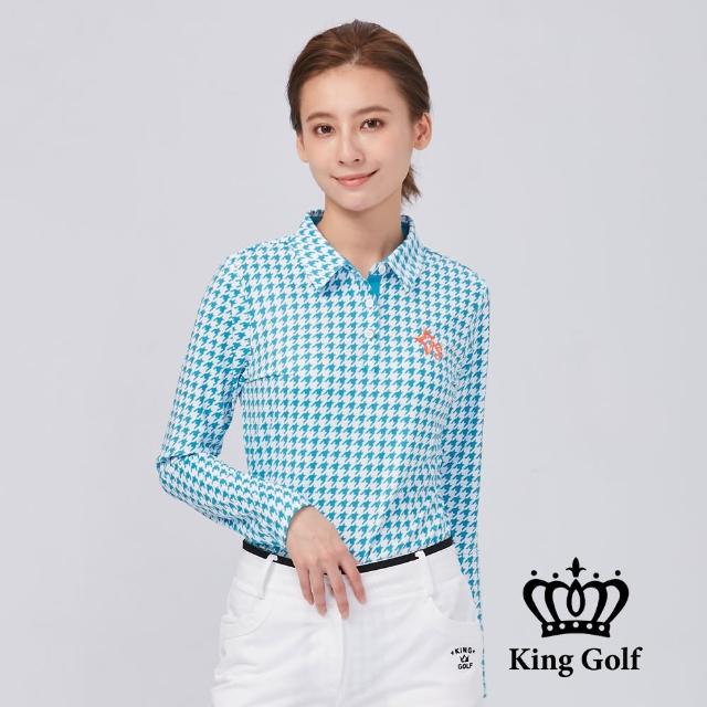 【KING GOLF】網路限定款-女款千鳥紋印圖星星刺繡中厚刷毛長袖POLO衫(綠色)