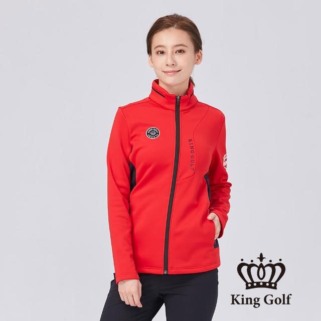 【KING GOLF】網路限定款-女款盾牌刺繡LOGO燙印立領拉鍊厚刷毛夾克外套(橘紅)