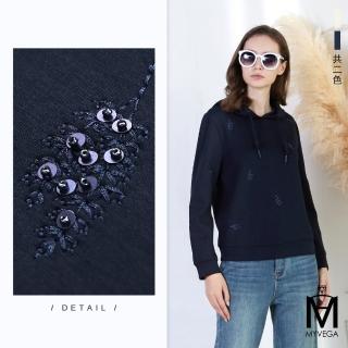 【MYVEGA 麥雪爾】MA空氣棉高質感工藝珠繡連帽抽繩上衣-共二色(太空棉/女上衣/高含棉/純棉/T恤)